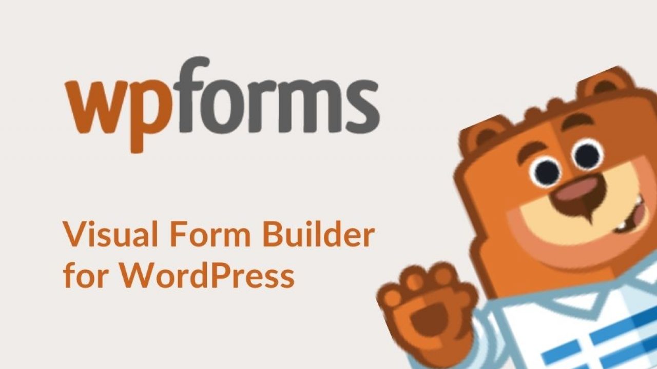 WPForms logo with a friendly bear mascot, promoting a visual form builder for WordPress to create contact and survey forms