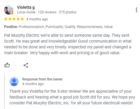 A detailed Google review left by a satisfied customer, highlighting excellent service and a thoughtful business response to build customer trust