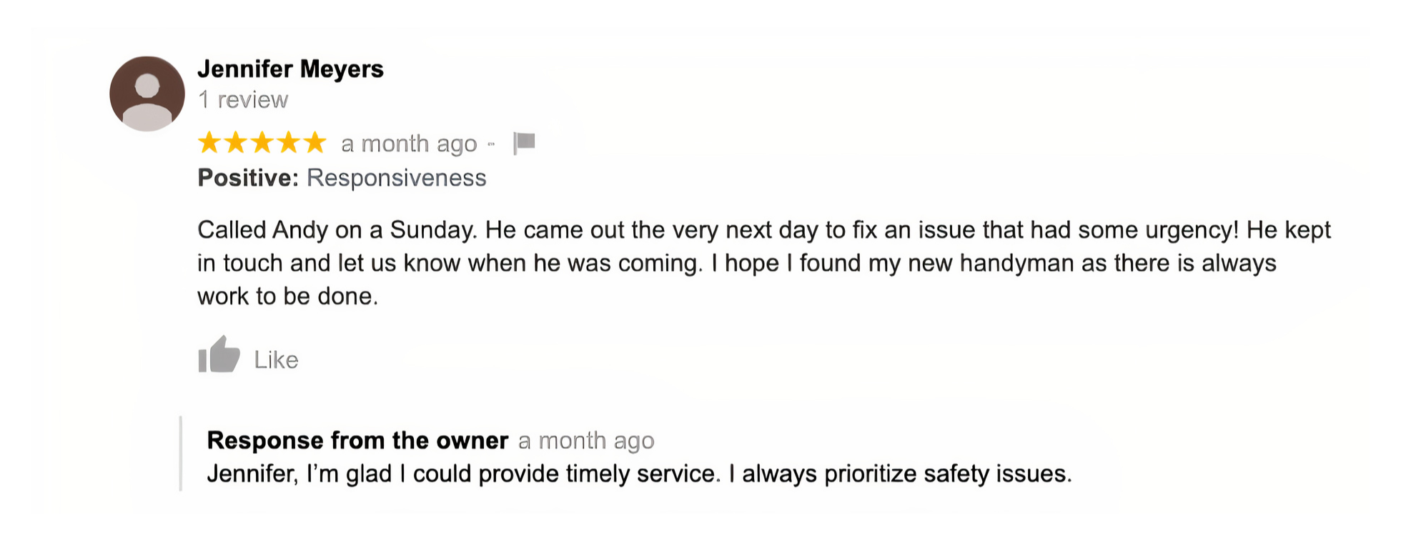 Customer review praising quick service. The owner responds with appreciation, highlighting a focus on safety and reliability