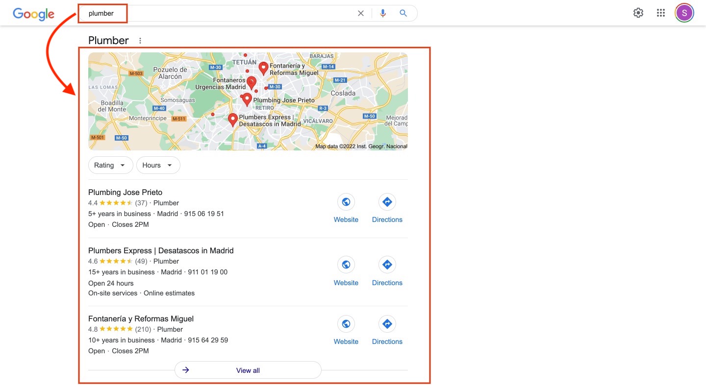Google search results for a plumber showing local businesses in Google's Map Pack, highlighting map locations and business details such as ratings and contact options