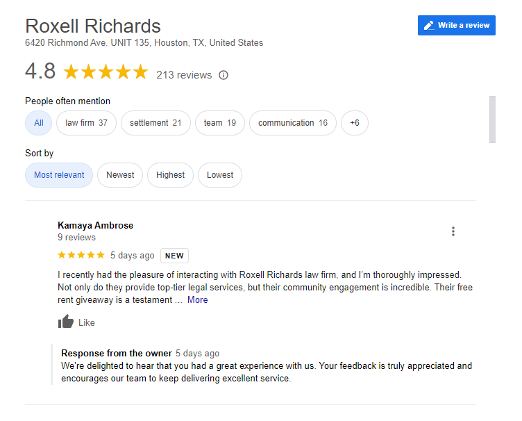 Screenshot of Reviews of Roxell Richard's Business that appeared in Google