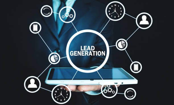 A professional holding a tablet with icons surrounding the phrase "Lead Generation," representing strategies to attract new clients
