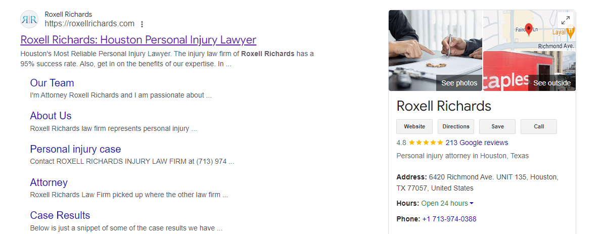 Screenshot of Google’s Map Pack for local businesses, showing “Roxell Richards Personal Injury Lawyer”