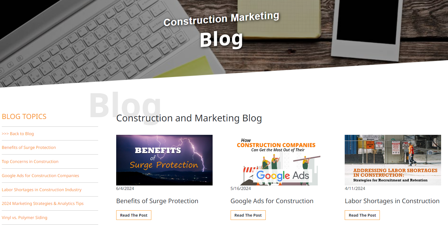 A construction marketing blog page showcasing articles on surge protection, Google Ads for construction, and labor shortages