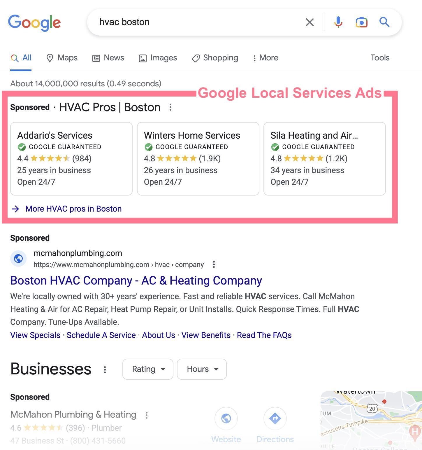 Google search results for 'hvac boston,' highlighting Google Local Service Ads for HVAC pros in Boston, featuring Google Guaranteed businesses with high ratings and years of experience