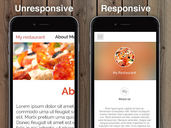 Two smartphones displaying different versions of a restaurant website, illustrating update your website. The left phone shows an unresponsive layout, while the right phone showcases a responsive, mobile-friendly design