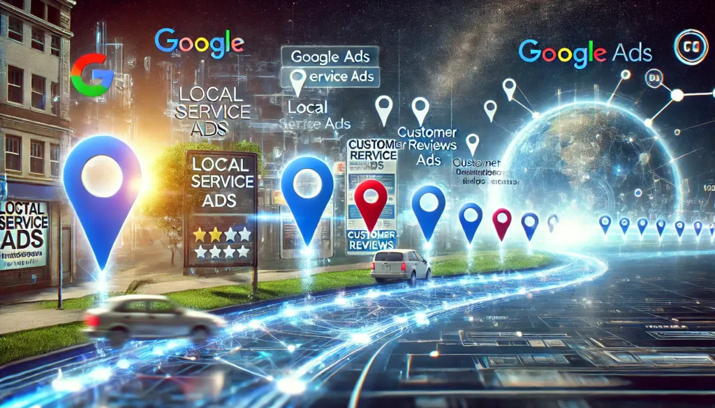 Digital visualization of Google Local Service Ads highlighting customer reviews and service areas, showing how businesses use these ads to generate leads