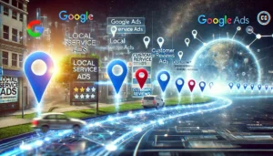 Digital visualization of Google Local Service Ads highlighting customer reviews and service areas, showing how businesses use these ads to generate leads