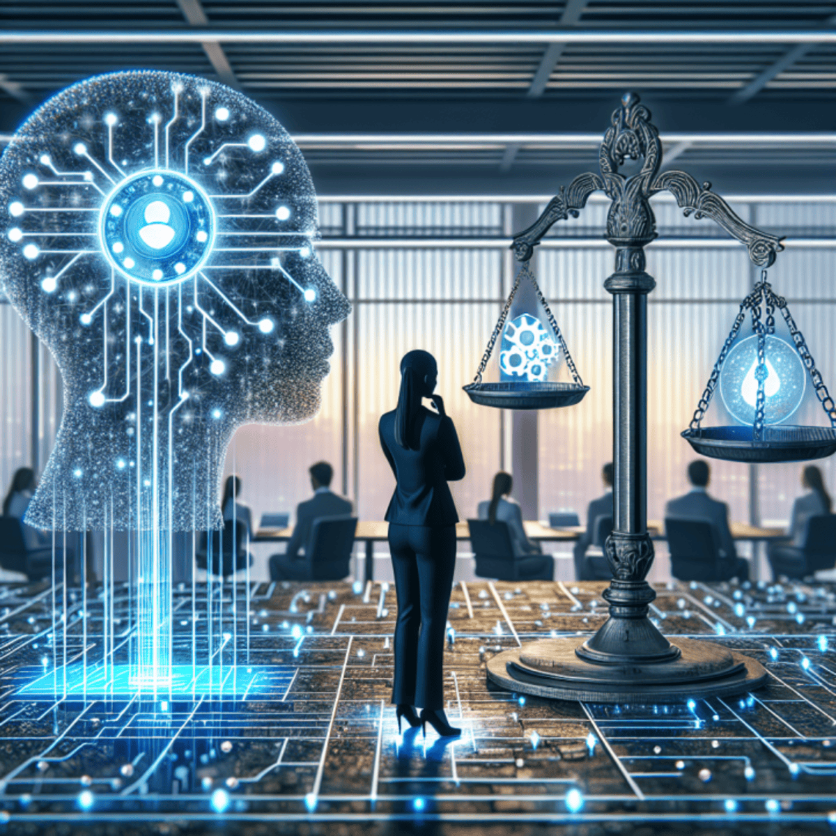 A woman stands before a computer displaying an AI brain illustration and scale, symbolizing AI's role in content creation