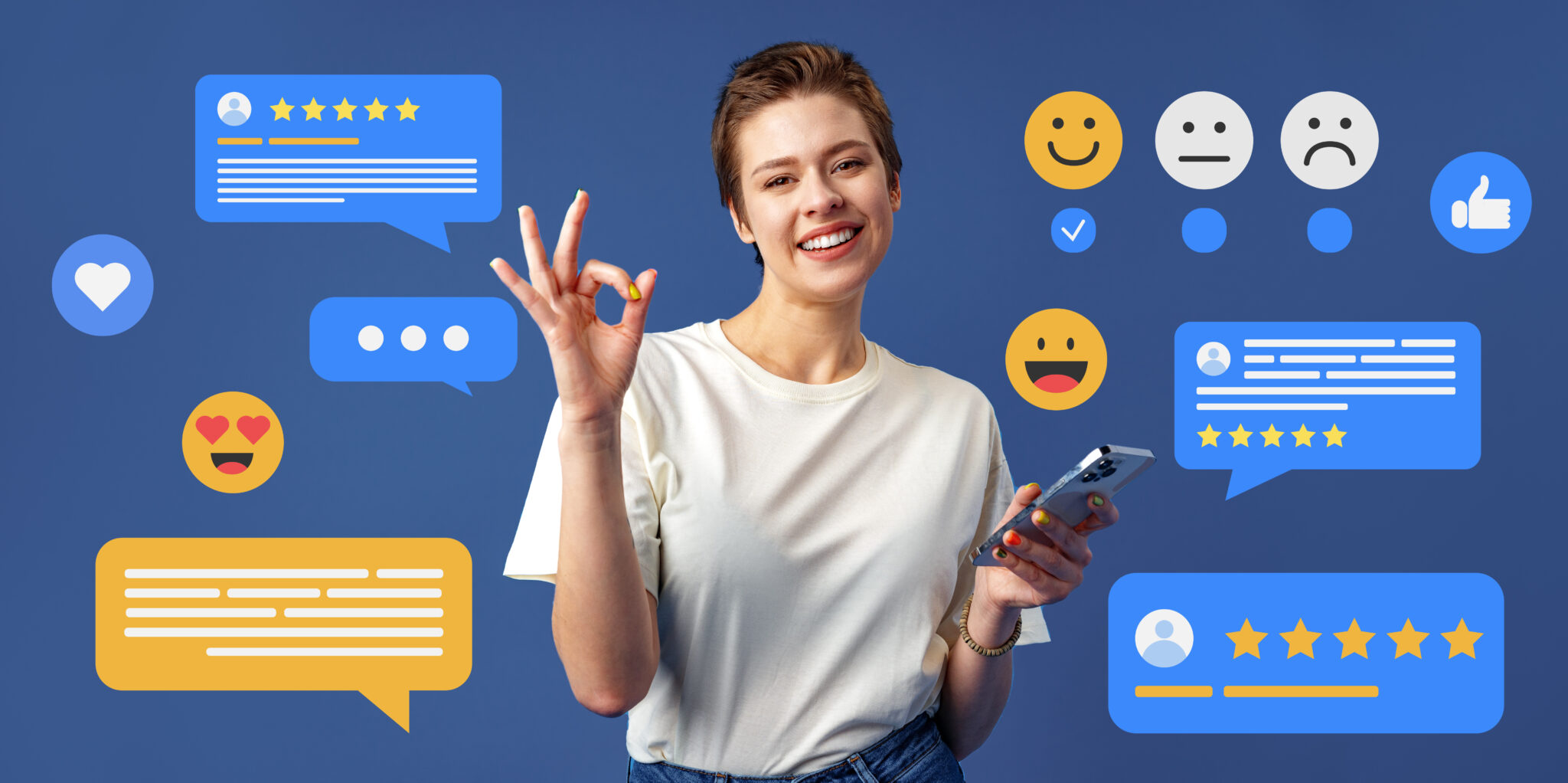 A woman smiling while holding a smartphone displaying a smiley face and speech bubbles, representing Excell Digital Marketing Services