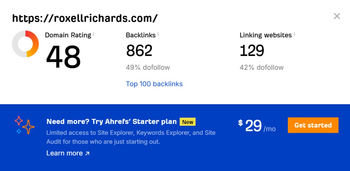 A screenshot of a website's Domain Rating, Backlinks and Linking websites using Ahref's Websites Authority Checker