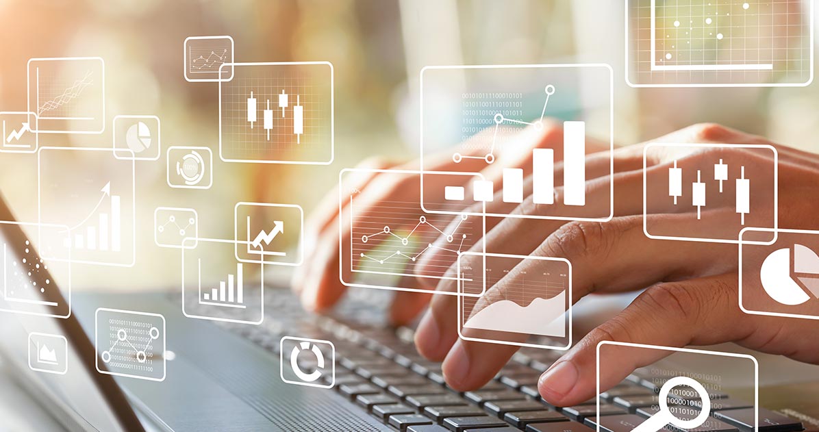 A person typing on a laptop surrounded by various data icons, illustrating digital communication and information sharing