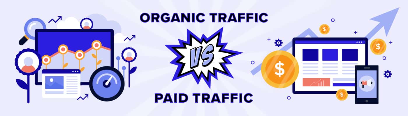 A comparison of organic traffic and paid traffic, highlighting the differences between unpaid and paid search methods