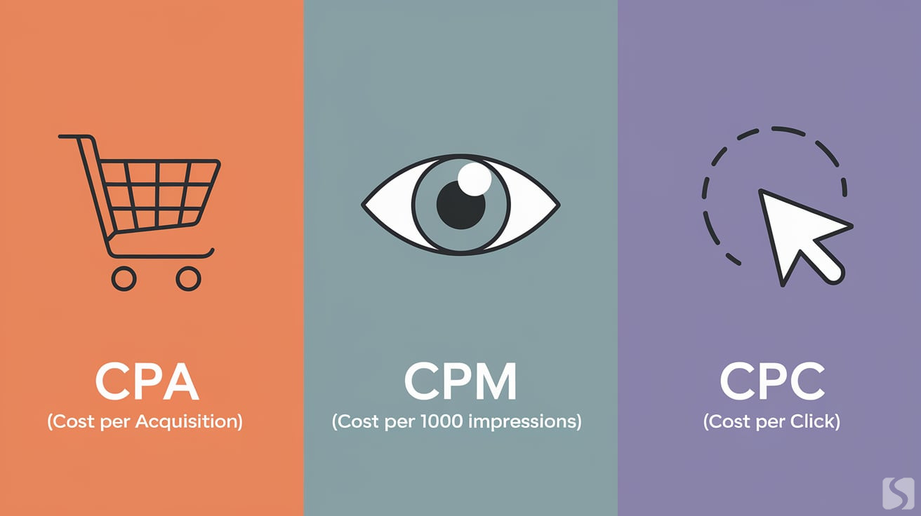 Illustration of CPA (Cost per Acquisition), CPM (Cost per 1000 Impressions) and CPC (Cost per Click)