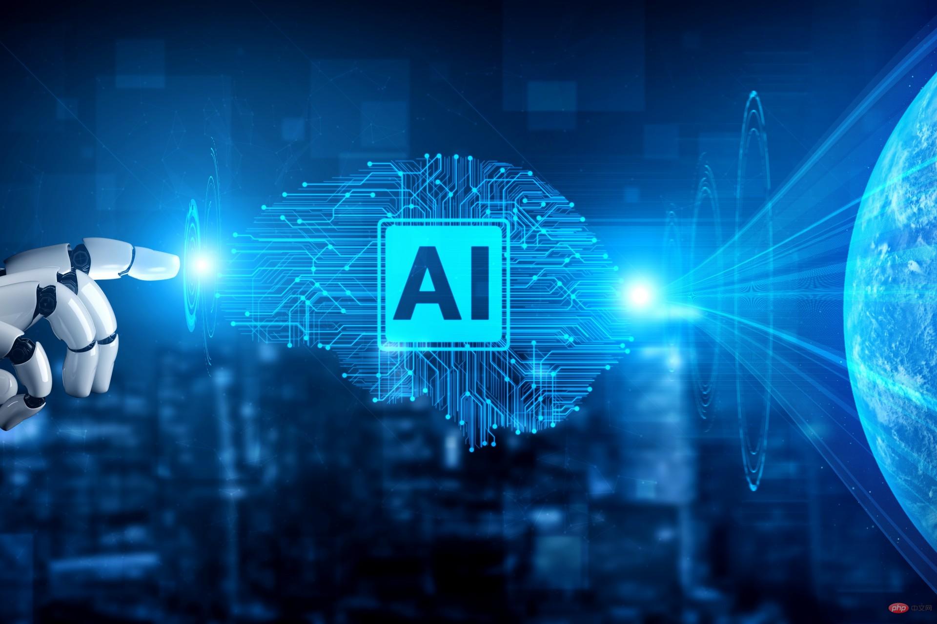 robot touching the circuit board patterns with Ai logo that projects unto the world