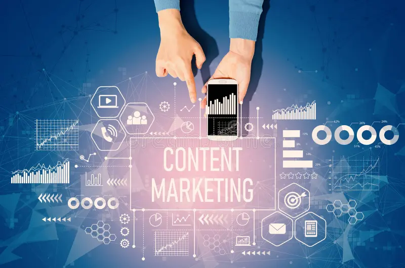 Digital Content Marketing concept showing data analysis, SEO, and omnichannel strategy for online business growth