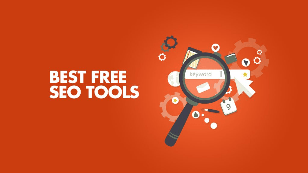 An illustration with a caption "Best Free SEO Tools" with a search bar and a magnifying glass vector