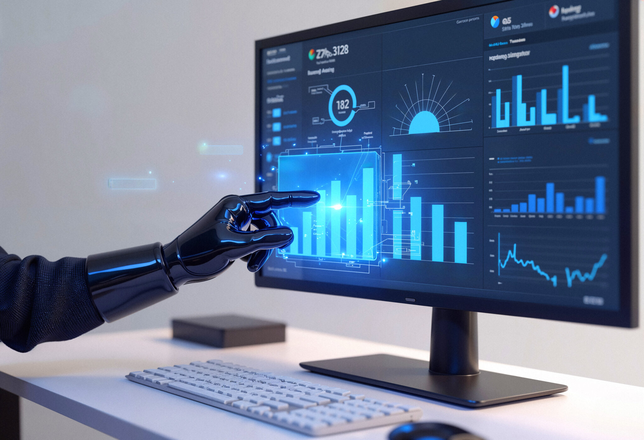 AI-powered data analytics dashboard with a robotic hand, representing business intelligence automation, financial data visualization, and future technology trends
