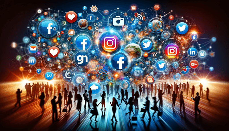 Global social media marketing and digital connectivity concept showing a crowd of people under a network of popular social media platform icons