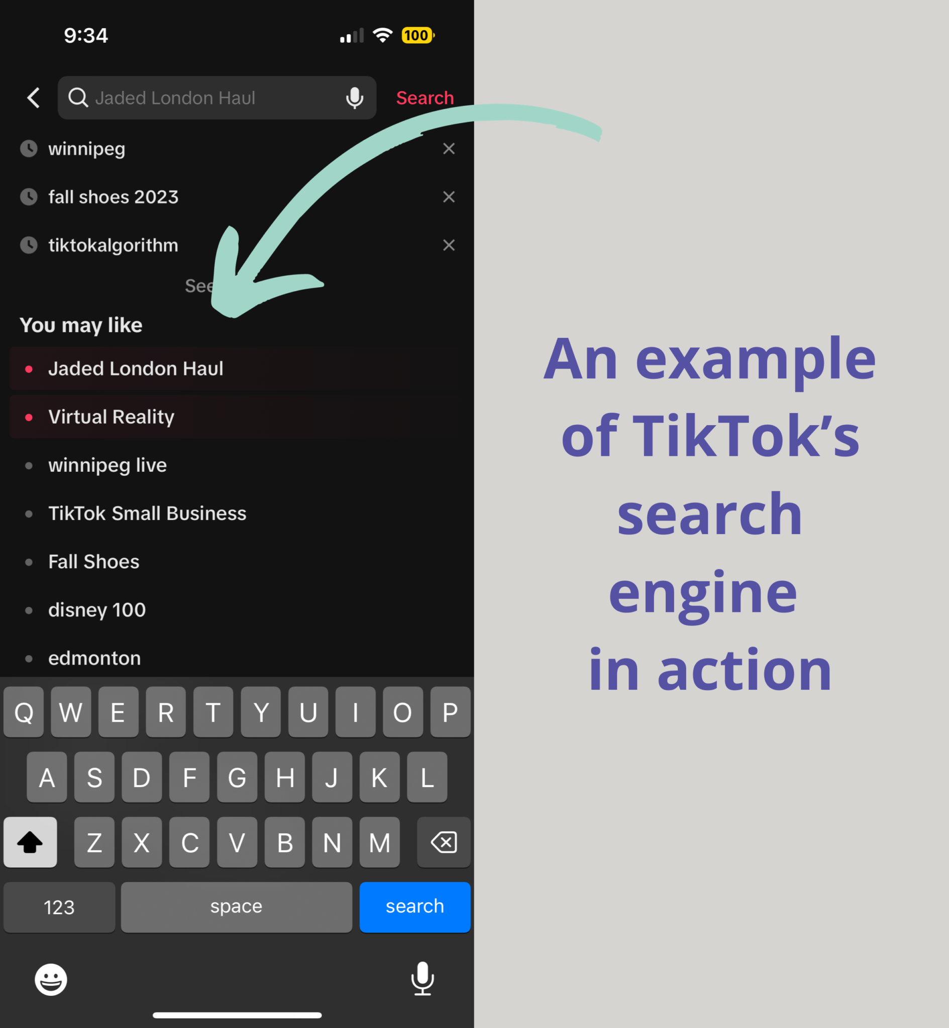 TikTok search engine optimization example showing keyword suggestions and 'You may like' recommendations for social media marketing and algorithm growth