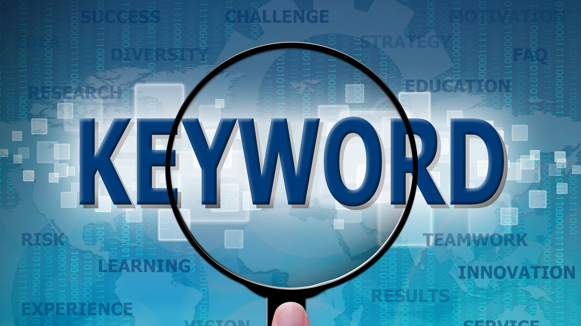 SEO keyword research and digital marketing strategy concept showing a magnifying glass over the word 'keyword,' representing search engine optimization, content marketing, and online visibility