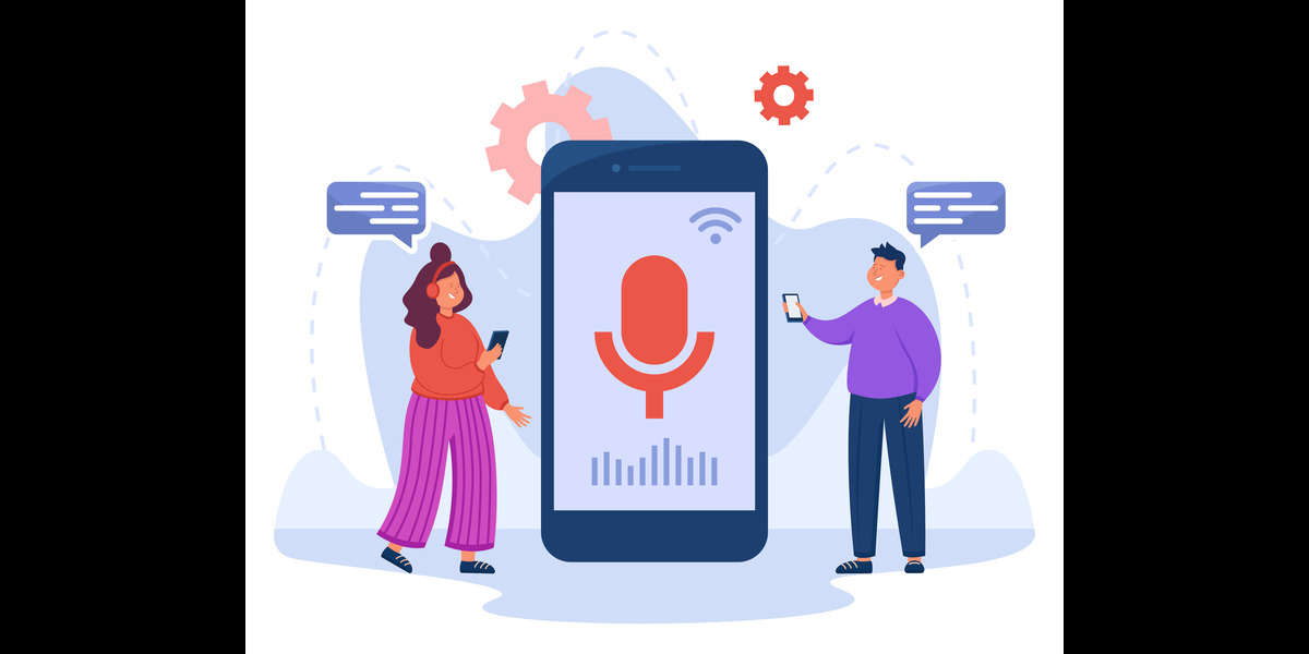 Conceptual illustration of voice search technology and mobile communication, representing AI voice assistants, speech recognition software, and digital marketing strategies for voice-activated search