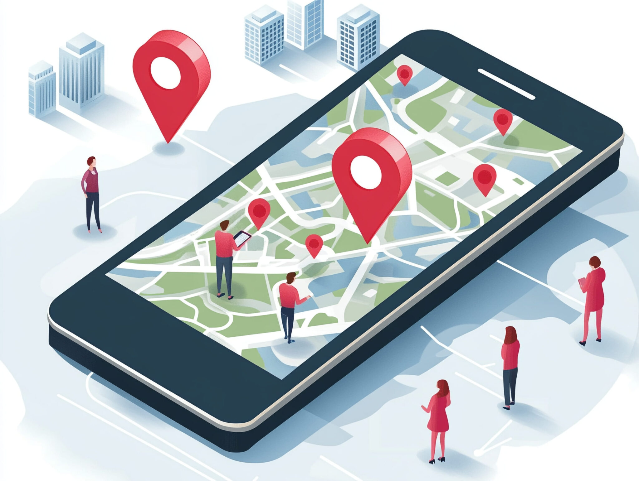 Isometric illustration representing local SEO strategies and proximity marketing, showing multiple business location pins on a mobile map to attract nearby customers