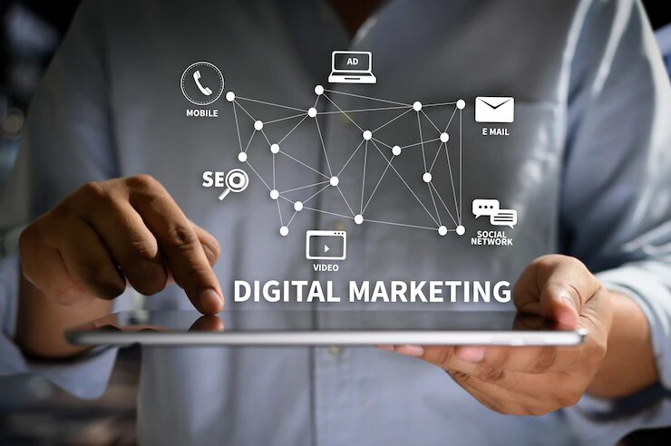 Conceptual image of digital marketing services with a professional using a tablet to manage SEO and video advertising campaigns