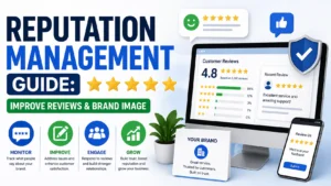 Reputation management guide infographic showing customer reviews, star ratings, brand monitoring, and strategies to improve online reputation and customer feedback