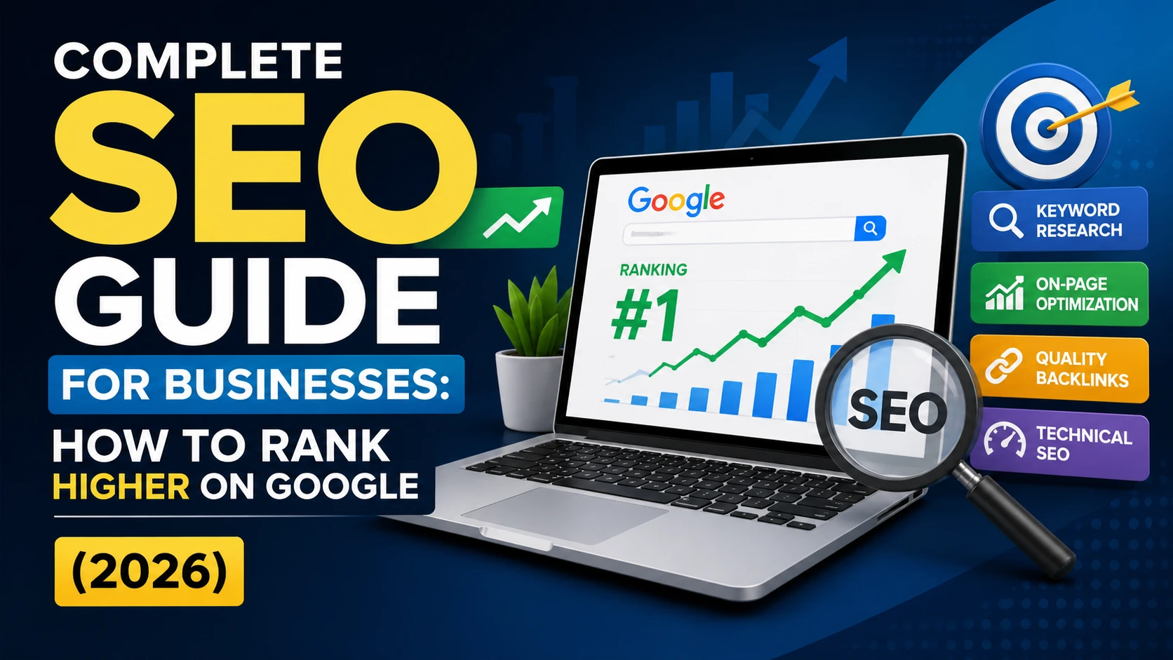 Complete SEO guide for businesses 2026 infographic with laptop showing Google ranking growth, keyword research, on-page optimization, backlinks, and technical SEO strategies