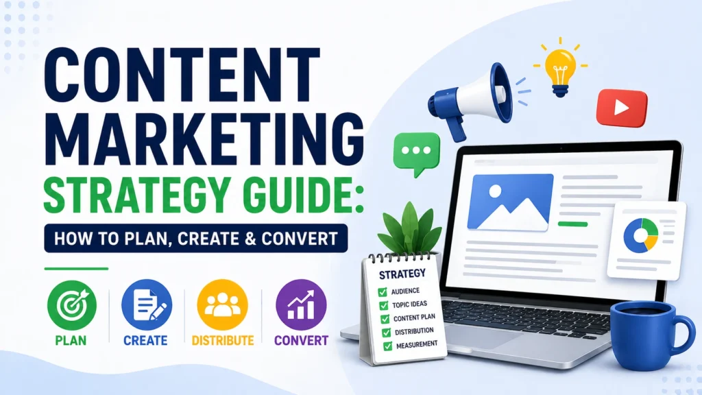 Content marketing strategy guide infographic with laptop, megaphone, checklist, and icons for planning, creating, distributing, and converting digital content