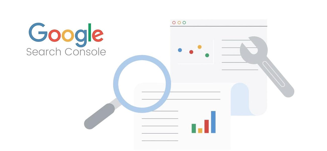 Google Search Console illustration with magnifying glass, analytics charts, and tools, representing website performance monitoring, SEO analysis, and search optimization