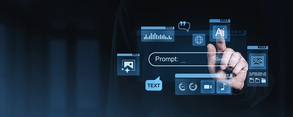 AI prompt engineering interface displaying generative AI tools, text generation, content creation, machine learning applications, and artificial intelligence workflow optimization for digital marketing and automation.