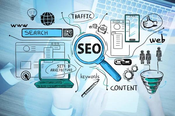SEO strategy infographic featuring a magnifying glass over “SEO” surrounded by key search optimization elements such as search, traffic, keywords, content, site architecture, web links, mobile devices, and conversion funnels. The image represents search engine optimization, digital marketing, website visibility, organic traffic growth, content strategy, and online business performance.