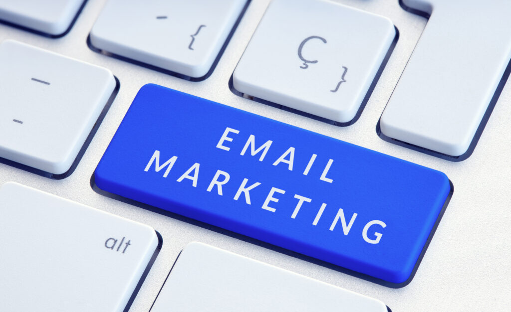 Close-up of a keyboard with a blue 'Email Marketing' key