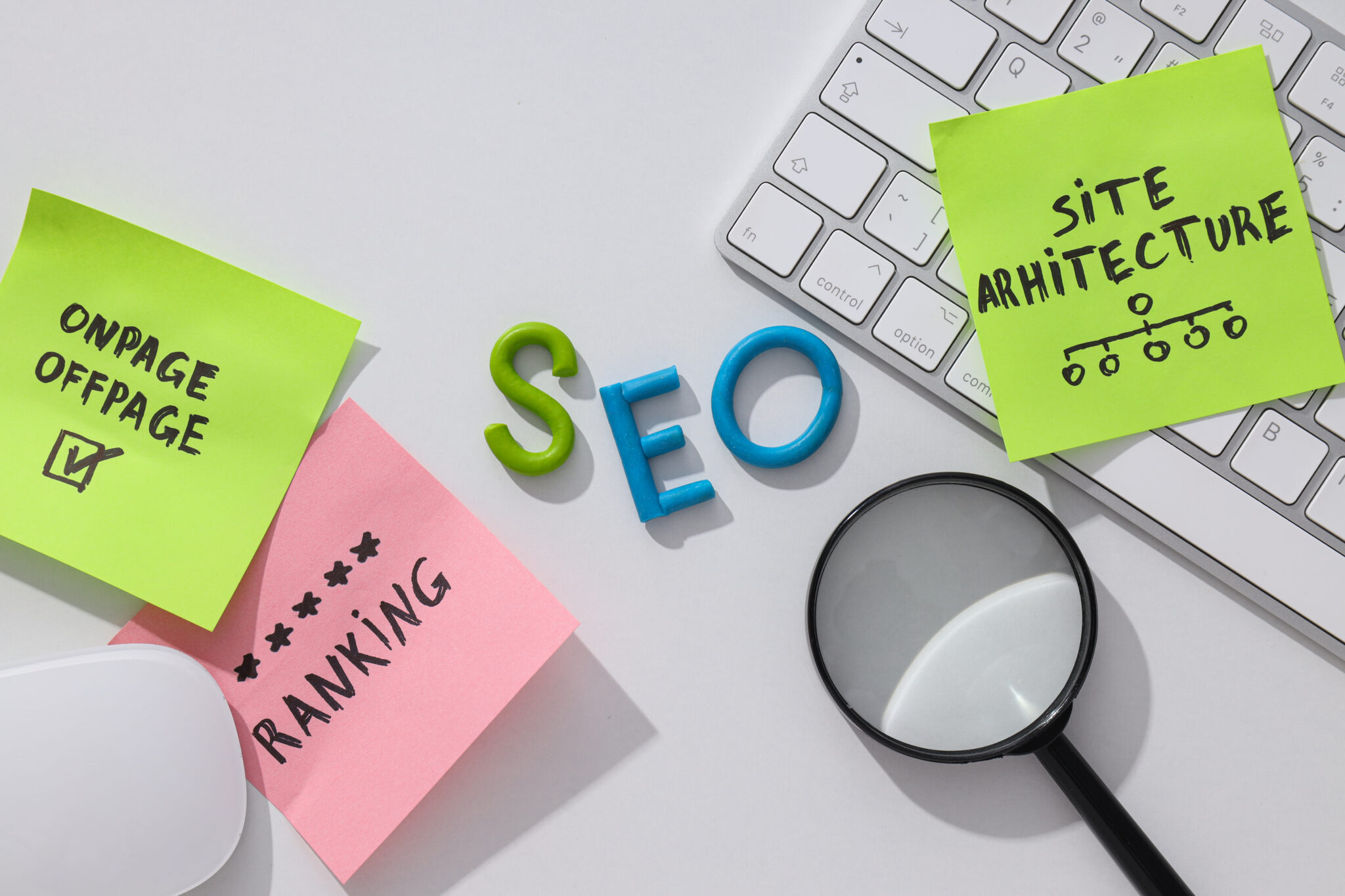 Sticky notes displaying SEO strategies like on-page optimization and site architecture, emphasizing keyword ranking for better search visibility
