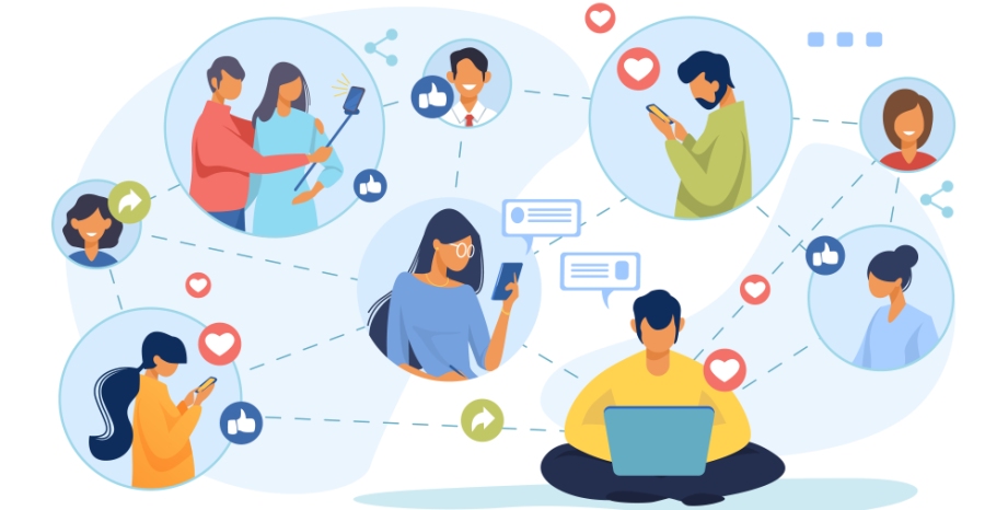 Digital illustration of people engaging on social media, symbolizing interaction and feedback for understanding audience preferences