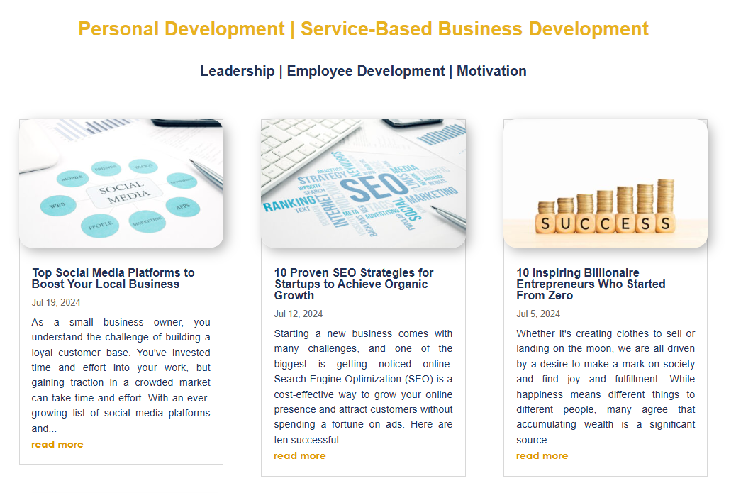Blog content updates showing new articles and insights on SEO strategies, social media platforms, and business development