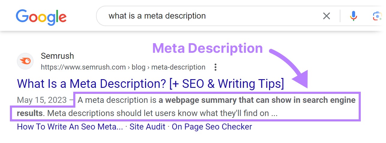 Google search showing an example of a meta description, highlighting its importance in search engine results