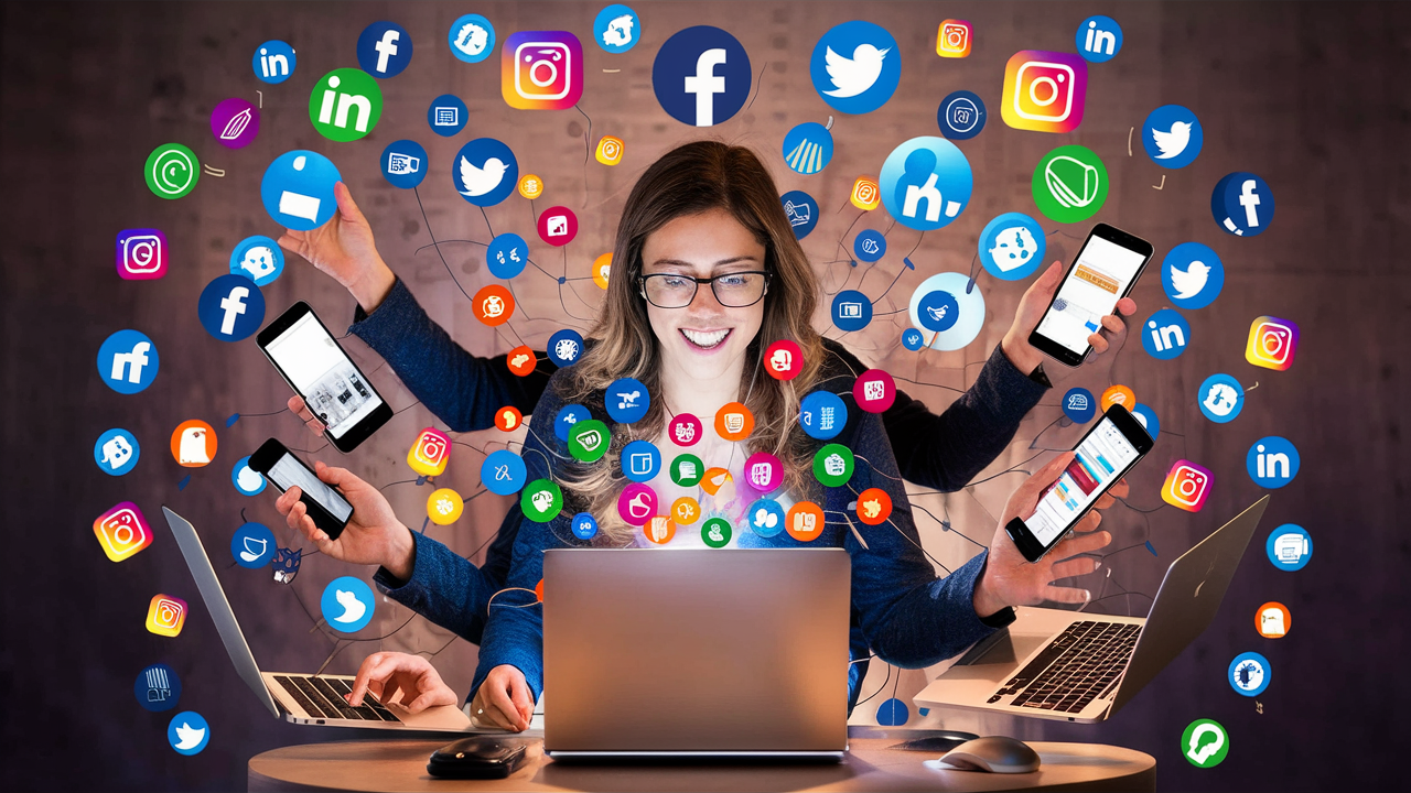 Female entrepreneur using multiple devices to share blog posts on various social media platforms to increase visibility and engagement