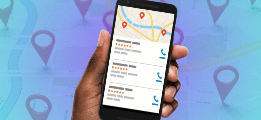Hand holding a smartphone displaying local business listings with reviews and map pins, representing the effectiveness of Google’s Map Pack for local businesses