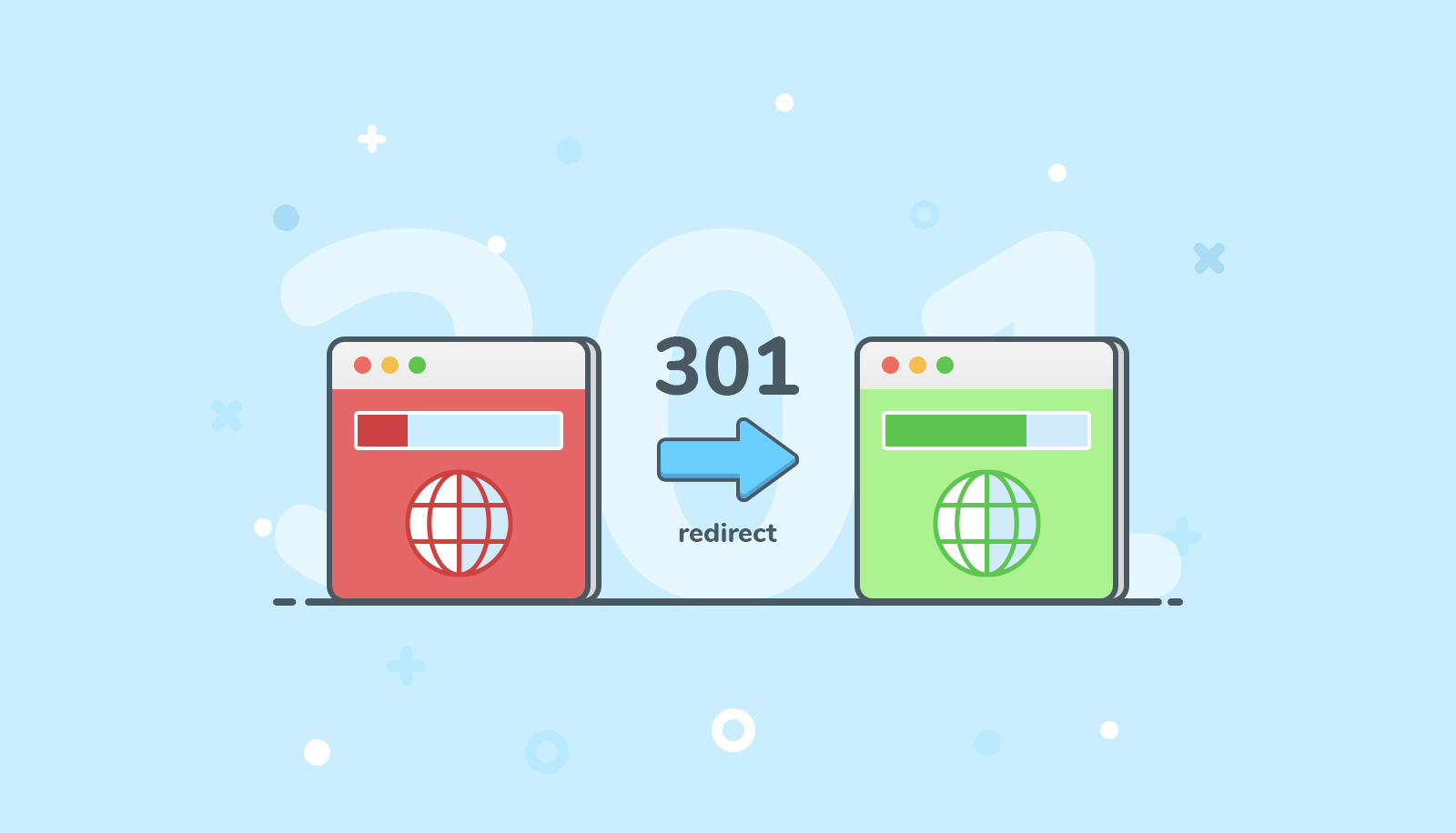 301-redirect inforgraphic illustration of 301 redirecting from bad website (red) to good website (green)