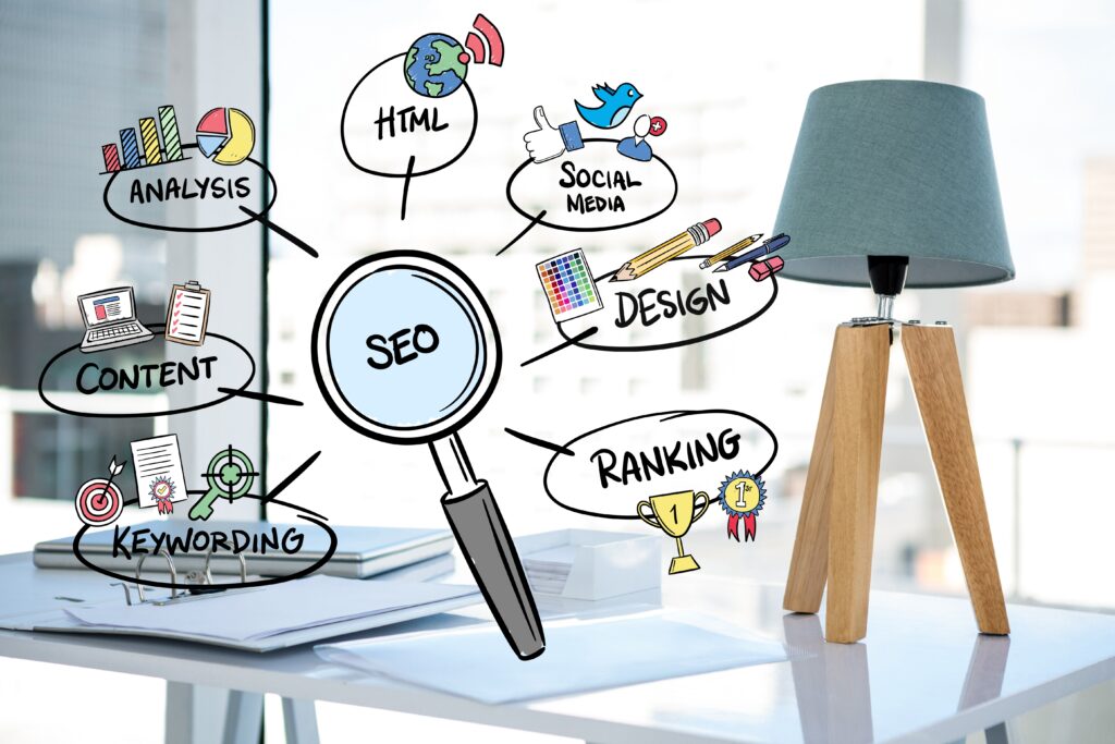 Search engine optimization concept with magnifying glass over web terms