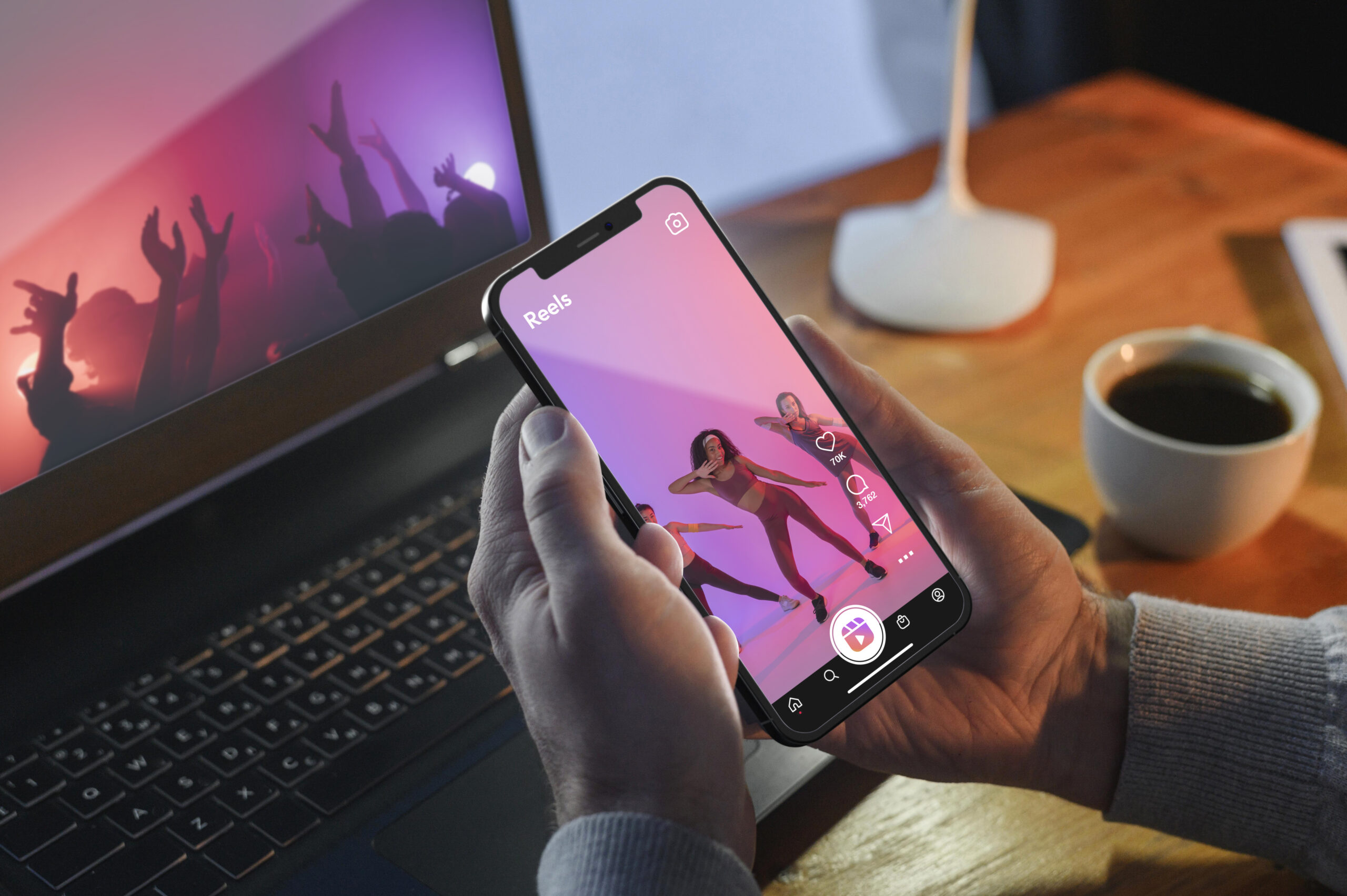 high-angle-hands-holding-smartphone User viewing a viral marketing or promotional video on a mobile social media platform, relevant for video content creation and digital strategy