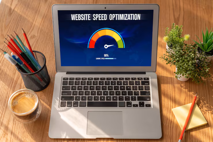 Laptop showing a website speed optimization gauge with a fast result on a wooden desk with coffee and plants