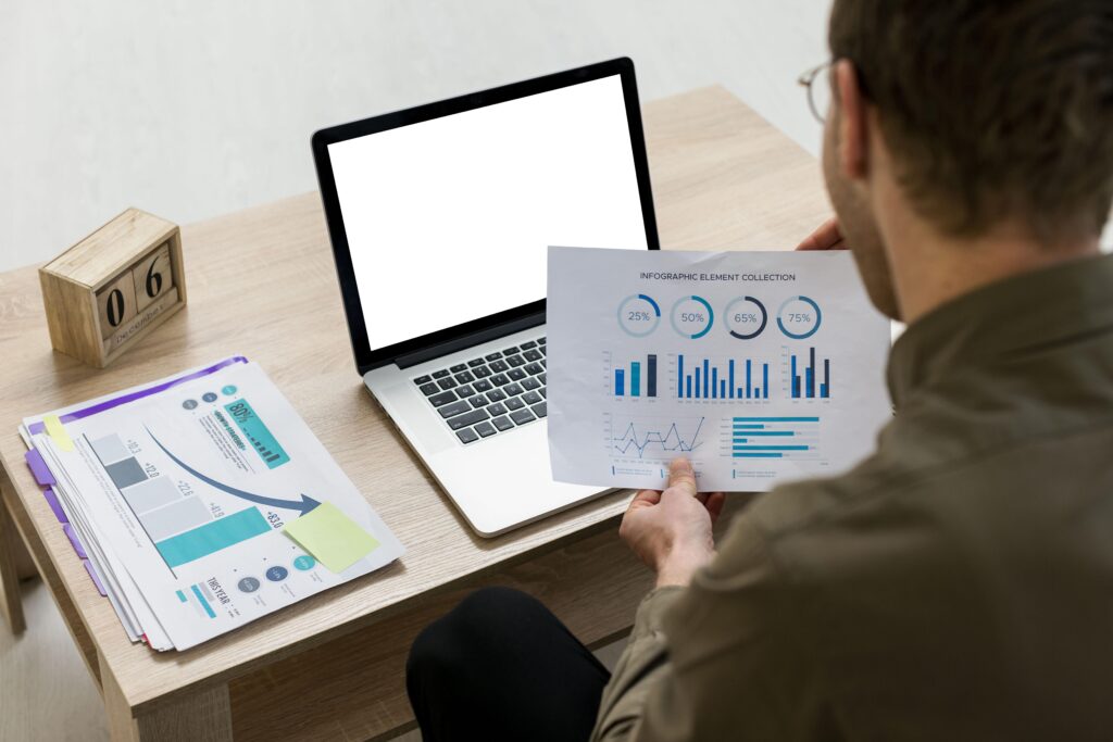 usiness data analysis and performance review, demonstrating financial planning, marketing reporting, or consulting services