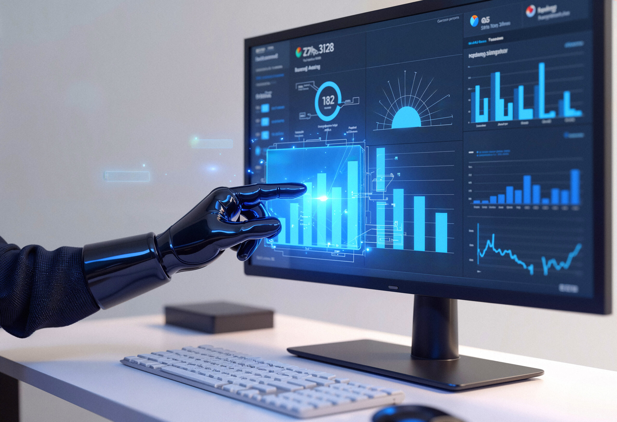 AI-powered data analytics dashboard with a robotic hand, representing business intelligence automation, financial data visualization, and future technology trends