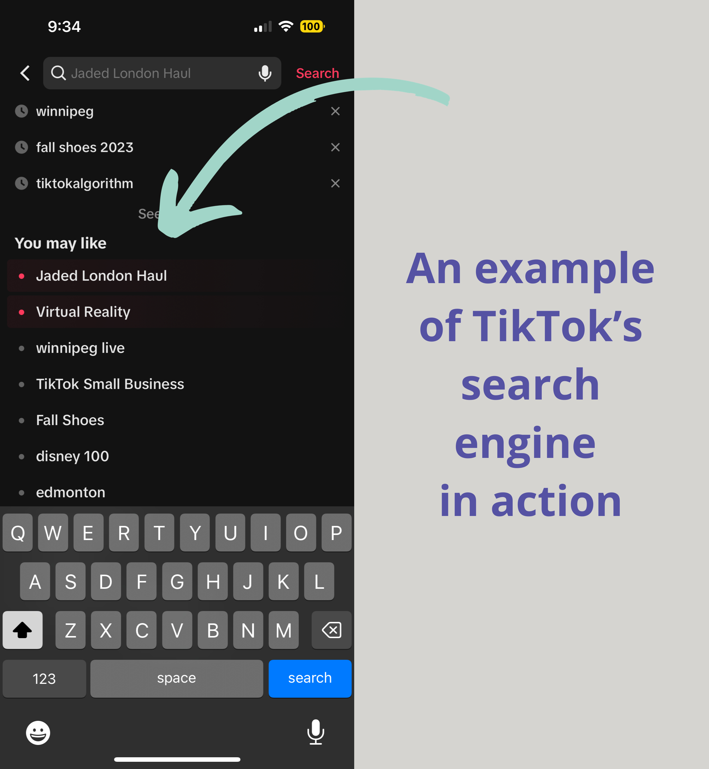 TikTok search engine optimization example showing keyword suggestions and 'You may like' recommendations for social media marketing and algorithm growth
