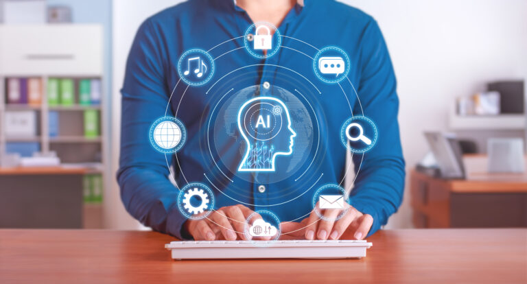 Artificial intelligence integration in the workplace showing a digital AI graphic representing automation, data security, and smart technology solutions for business productivity