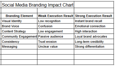 A spreadsheet showing a Social Media Branding Impact Chart comparing branding elements like visual identity and content strategy against results for weak versus strong execution
